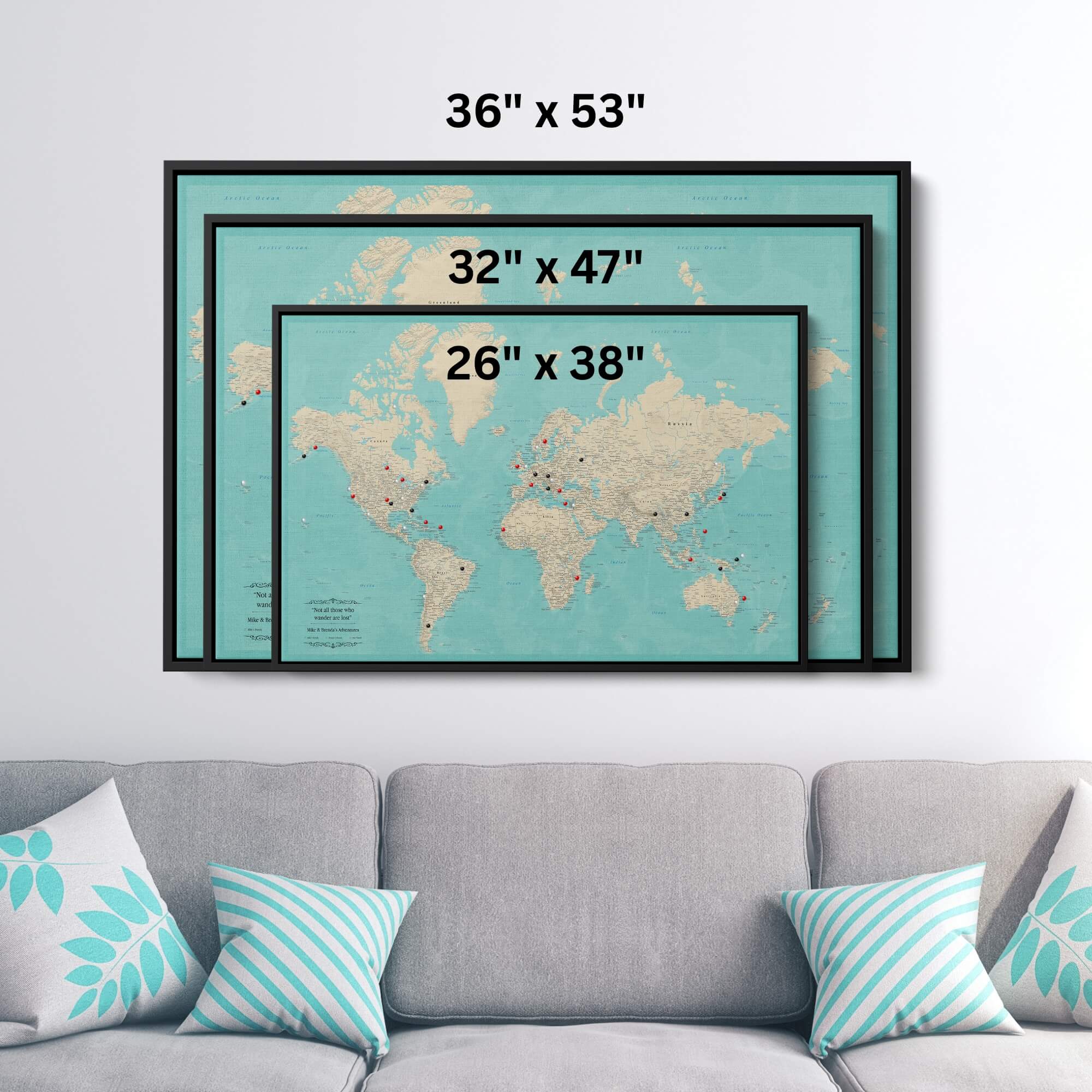 Teal Dream World Travel Map | Framed Canvas World Map – Push Pin