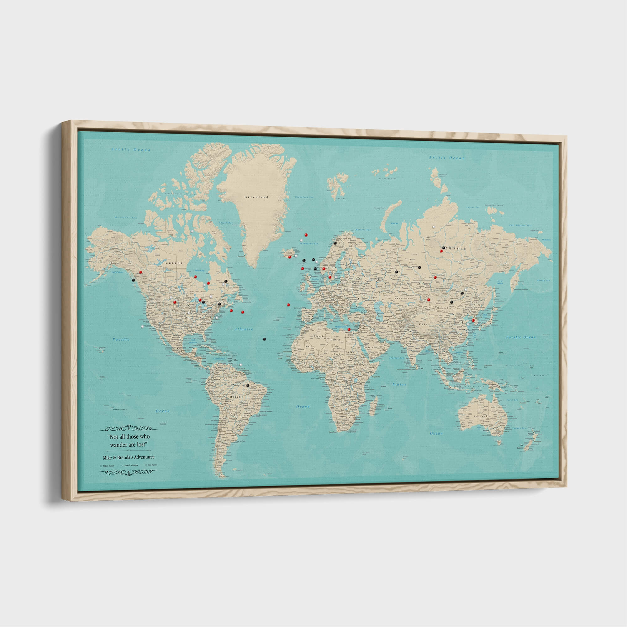 洋書 THE PRINTED MAPS Teal Dream World Travel Map | Framed Canvas World Map – Push Pin