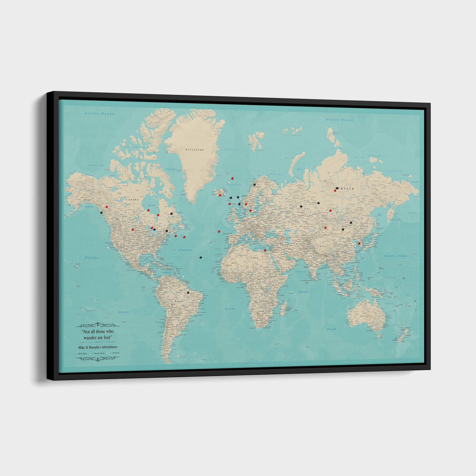 洋書 THE PRINTED MAPS Teal Dream World Travel Map | Framed Canvas World Map – Push Pin