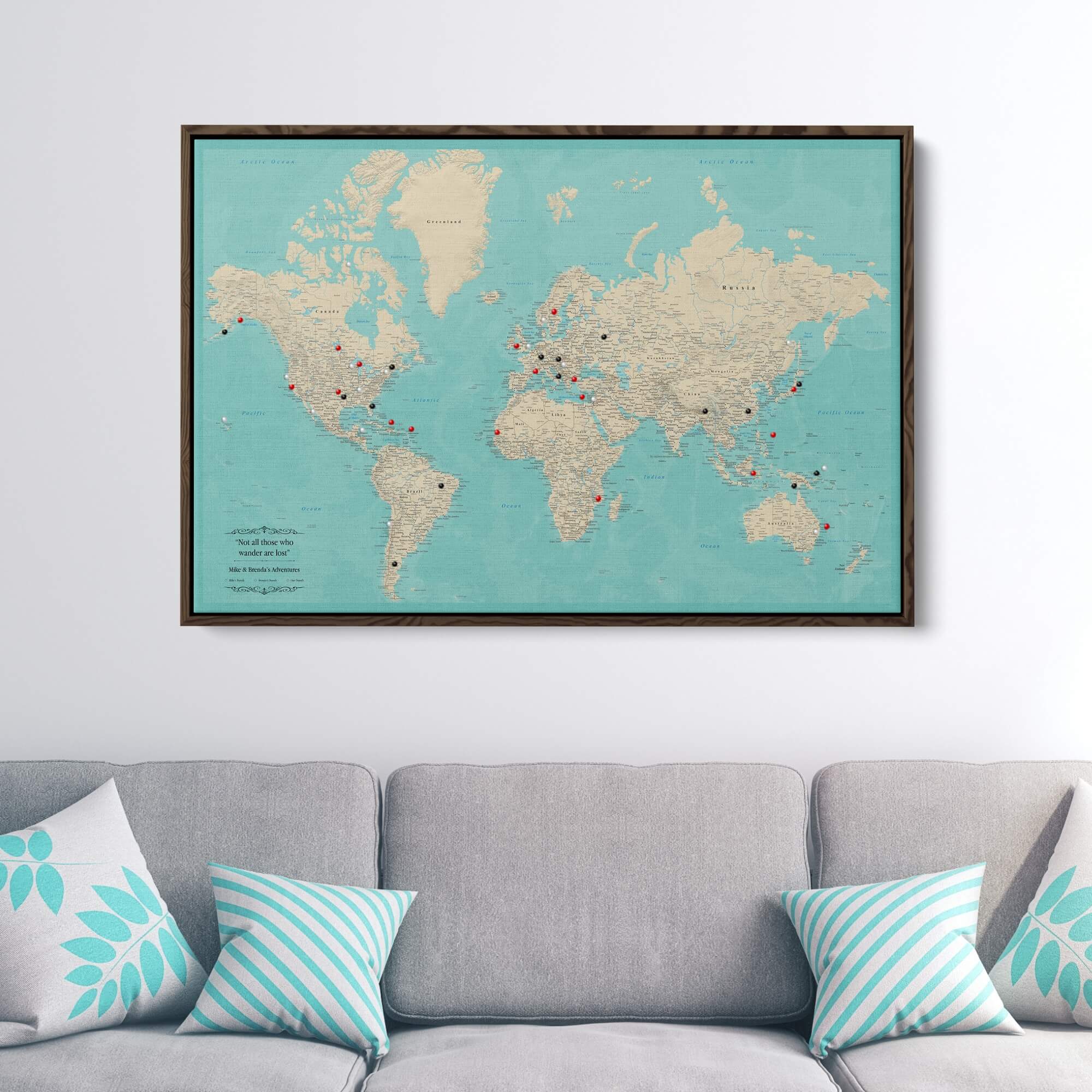 Teal Dream World Travel Map | Framed Canvas World Map – Push Pin