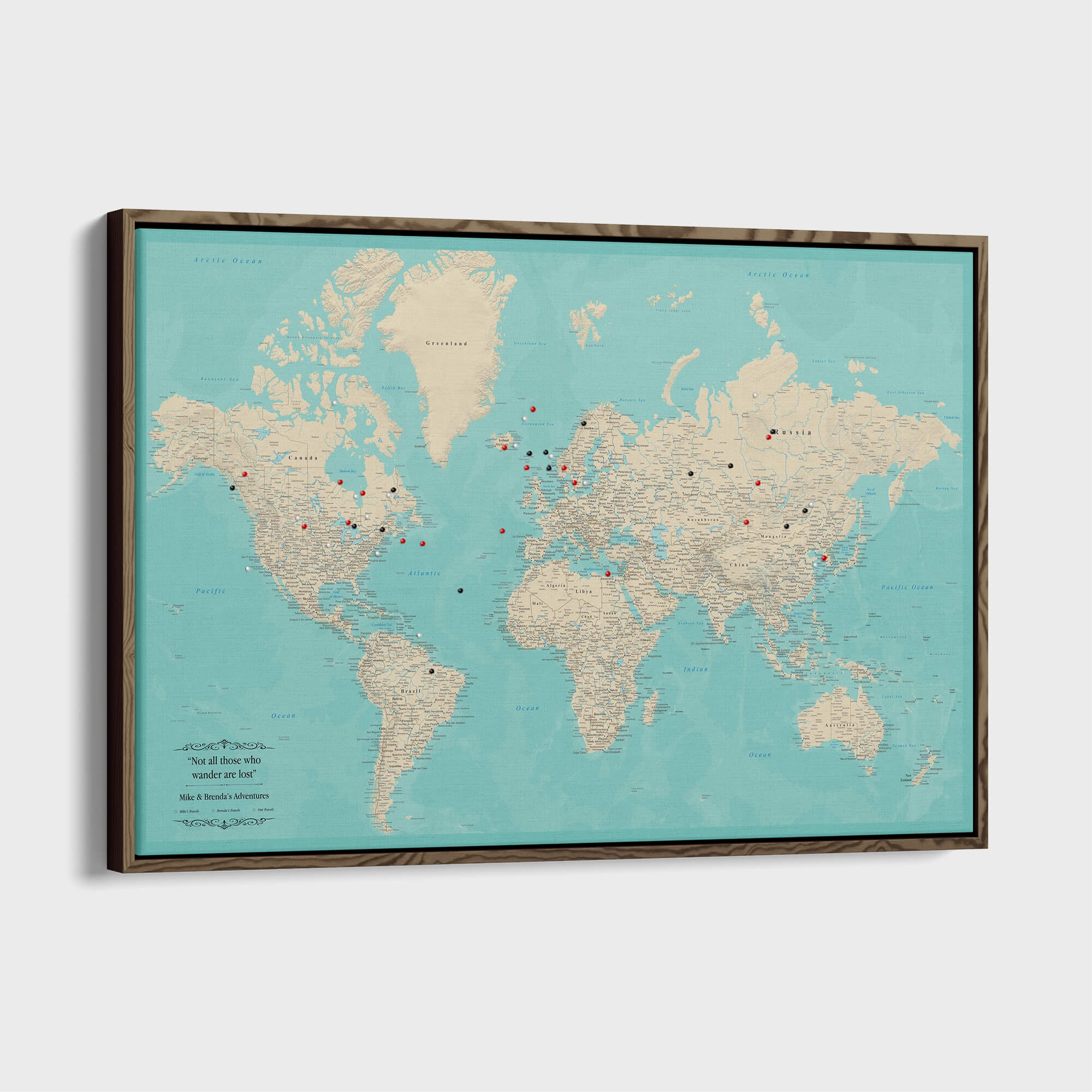Teal Dream World Travel Map | Framed Canvas World Map – Push Pin