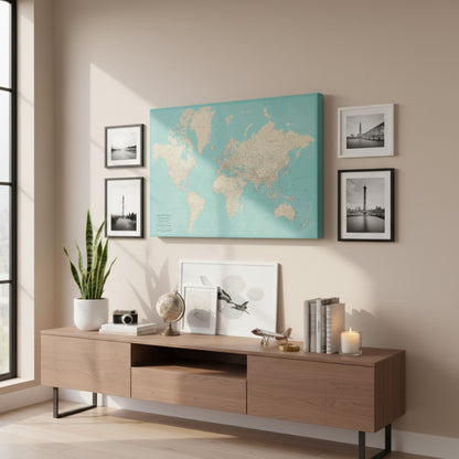 Gallery Wrapped - Teal Dream World Push Pin Map with Pins