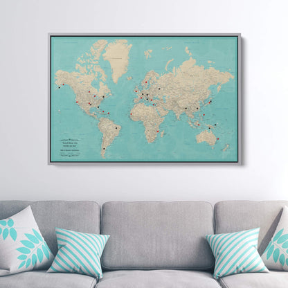 Canvas - Teal Dream World Push Pin Map with Pins