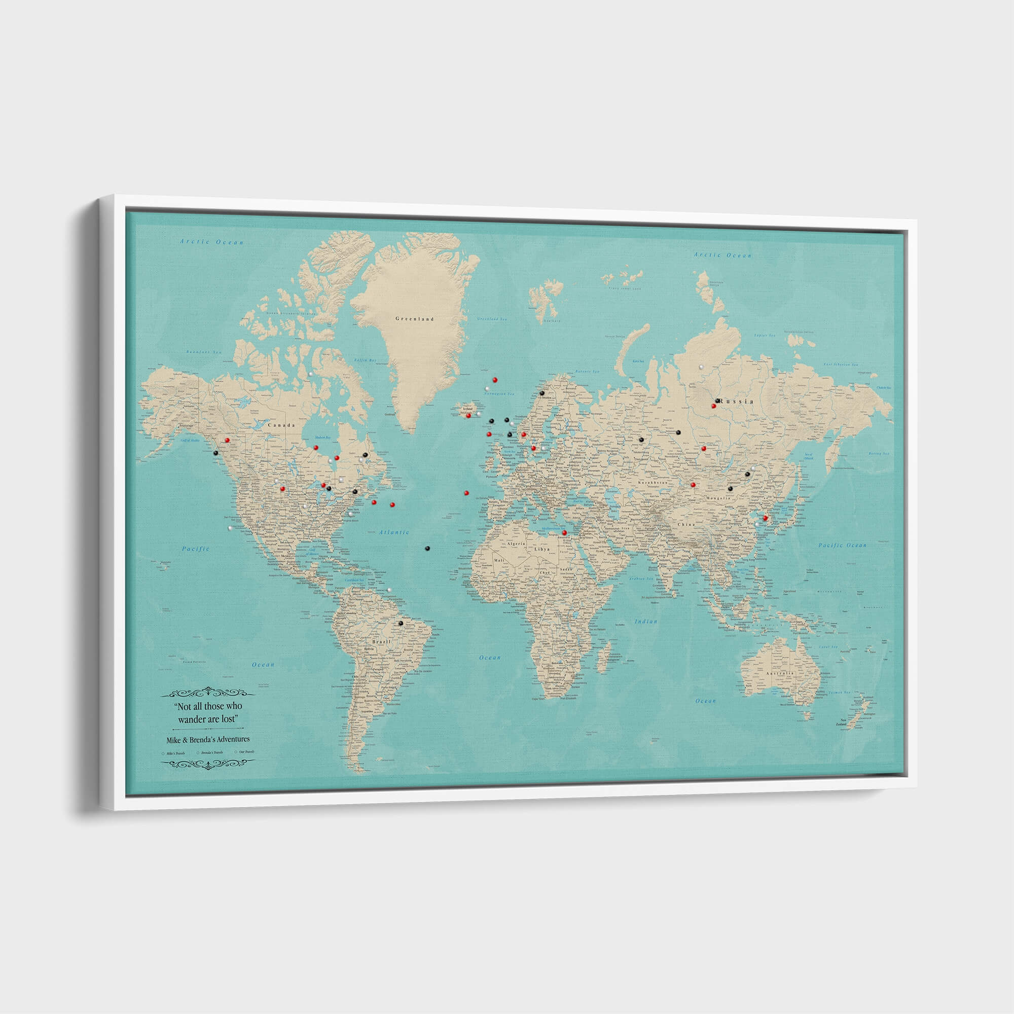 洋書 THE PRINTED MAPS Teal Dream World Travel Map | Framed Canvas World Map – Push Pin