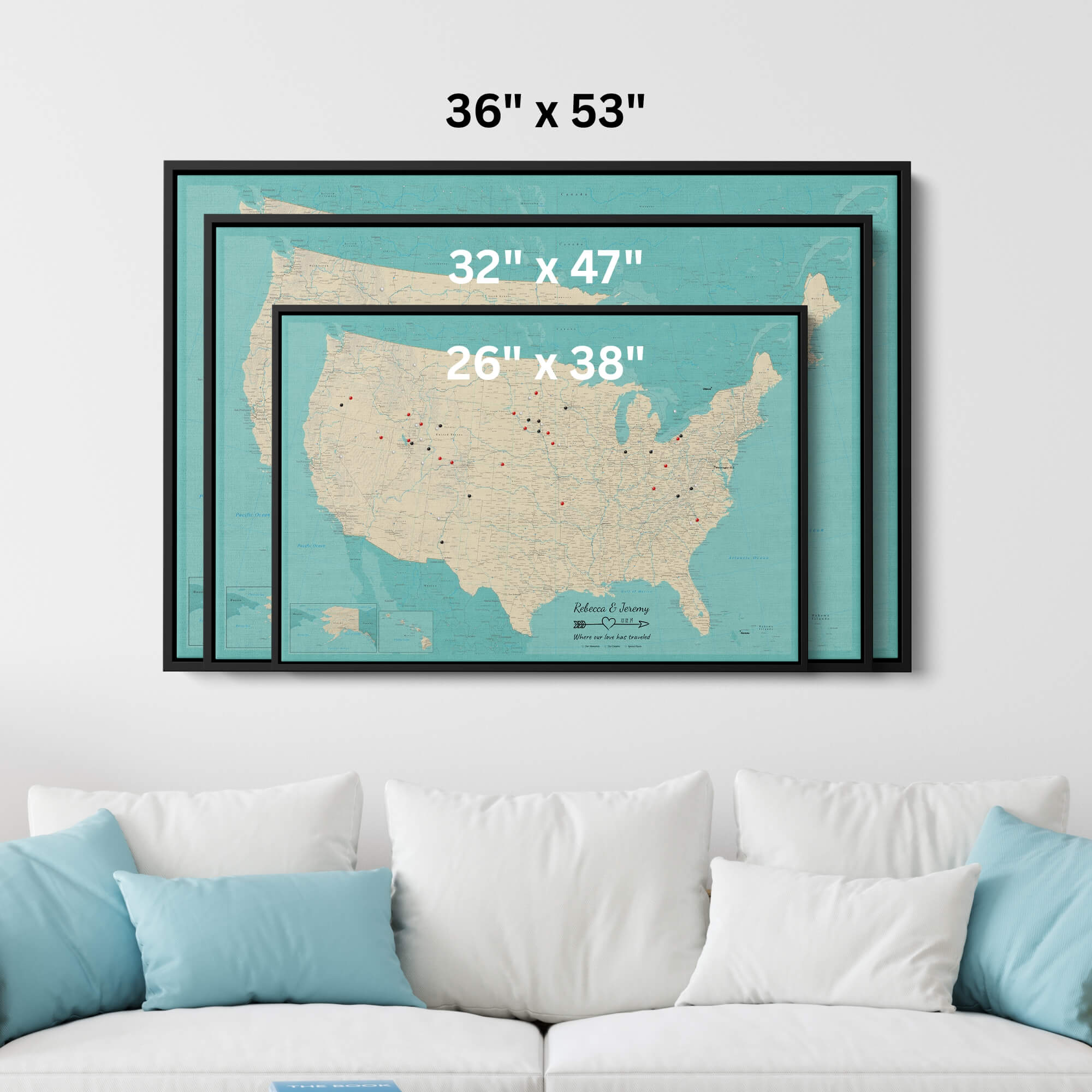 Canvas - Teal Dream USA Push Pin Map with Pins
