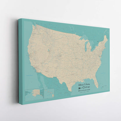 Gallery Wrapped - Teal Dream USA Push Pin Map with Pins