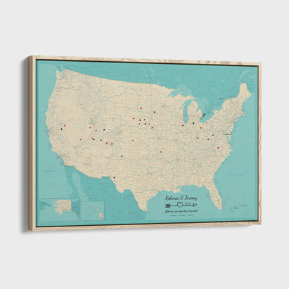Canvas - Teal Dream USA Push Pin Map with Pins