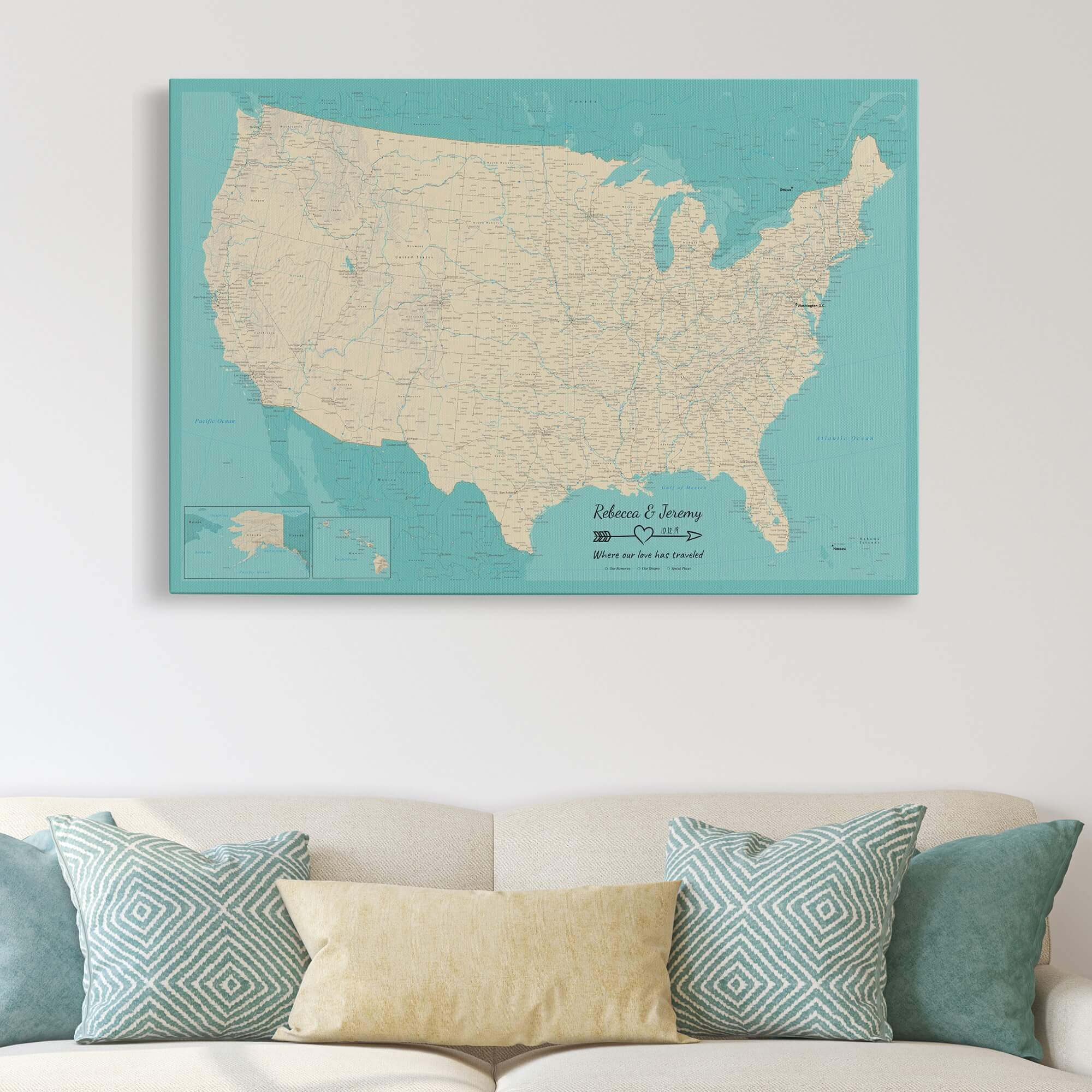 Gallery Wrapped - Teal Dream USA Push Pin Map with Pins