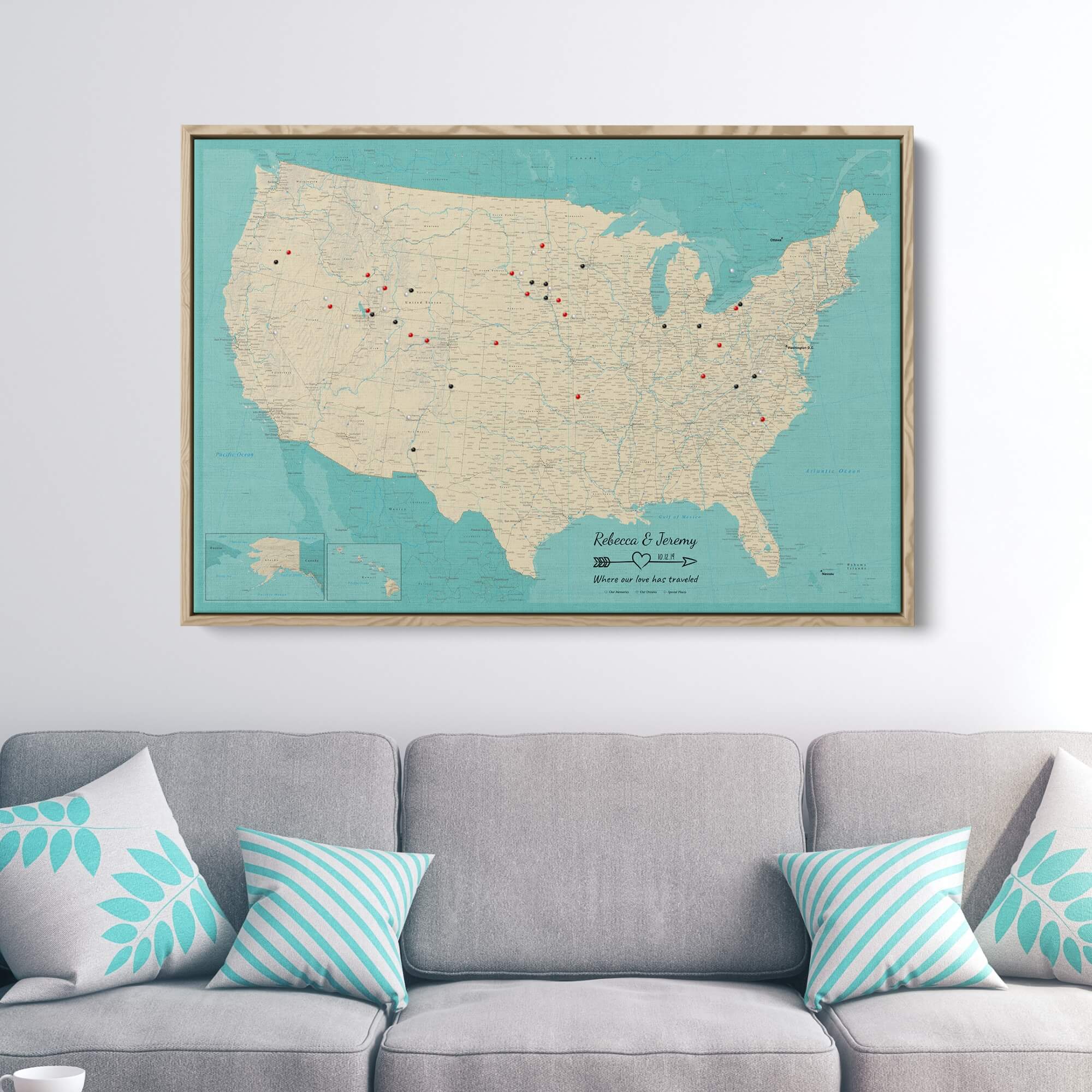 Canvas - Teal Dream USA Push Pin Map with Pins