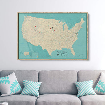 Canvas - Teal Dream USA Push Pin Map with Pins