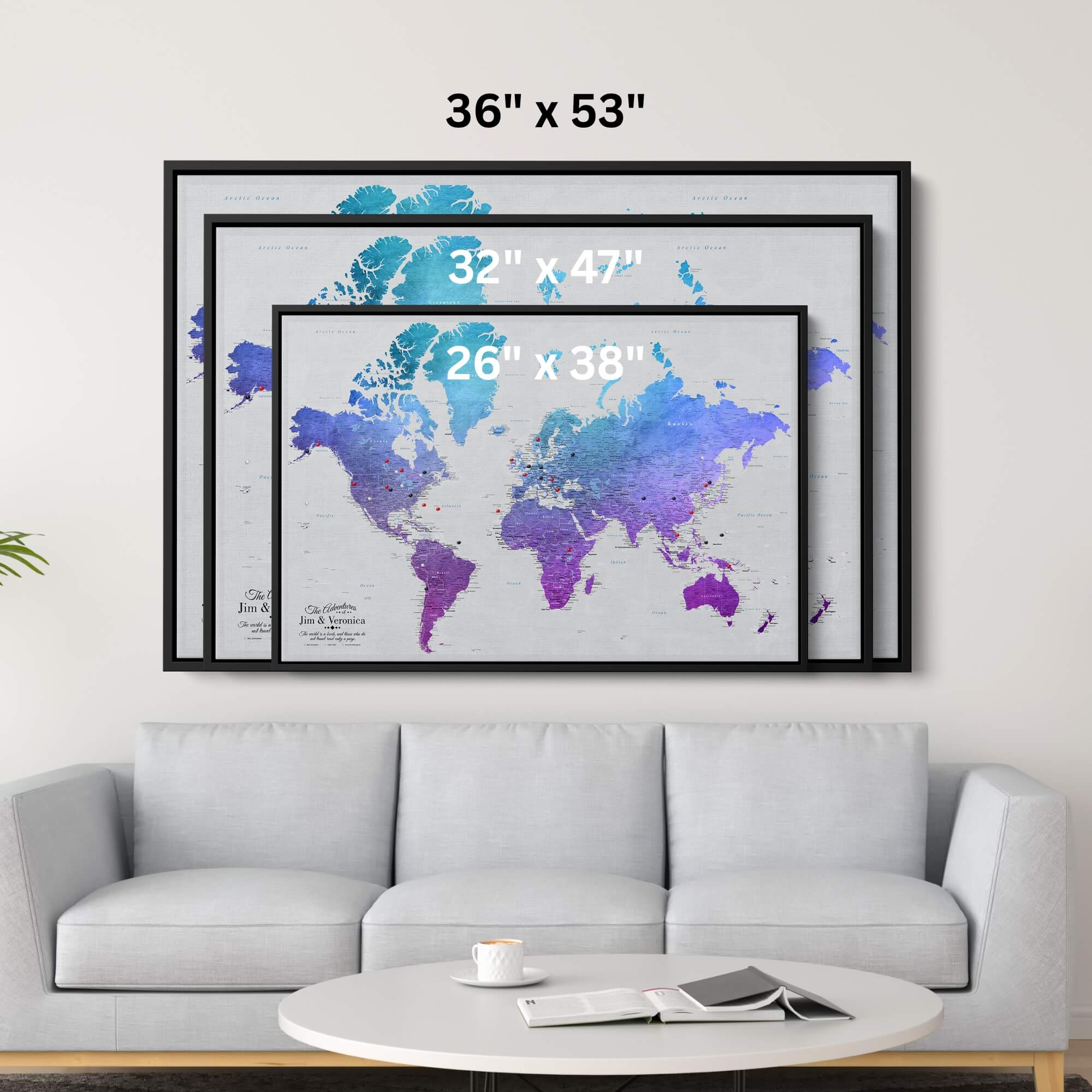 Canvas - Vibrant Violet Watercolor World Travel Map with pins