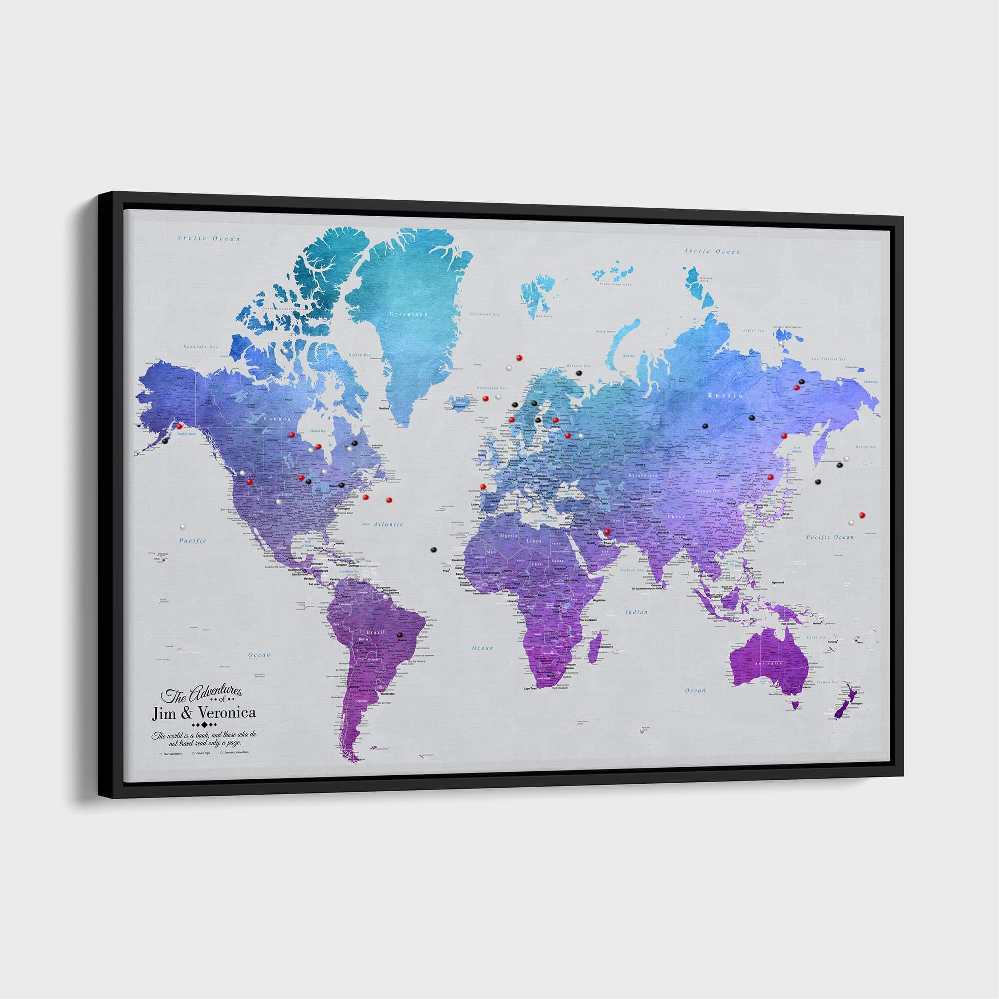 Canvas - Vibrant Violet Watercolor World Travel Map with pins