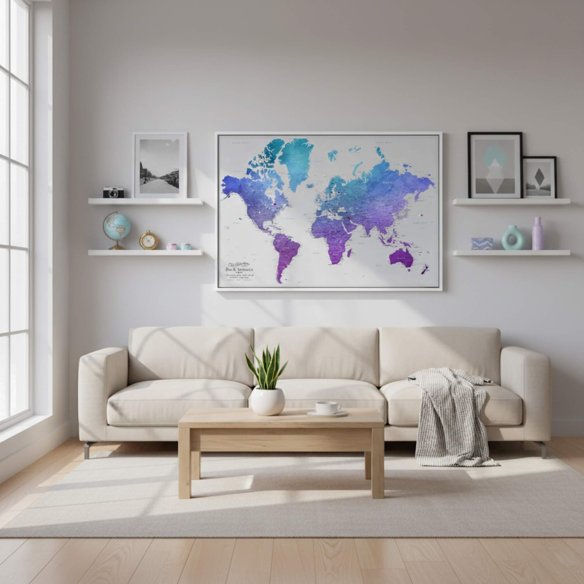 Canvas - Vibrant Violet Watercolor World Travel Map with pins