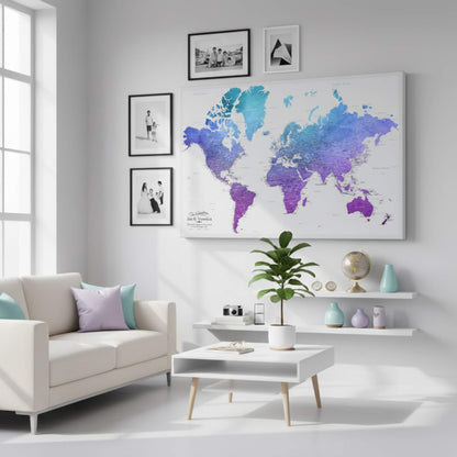 Gallery Wrapped - Vibrant Violet Watercolor World Travel Map with pins