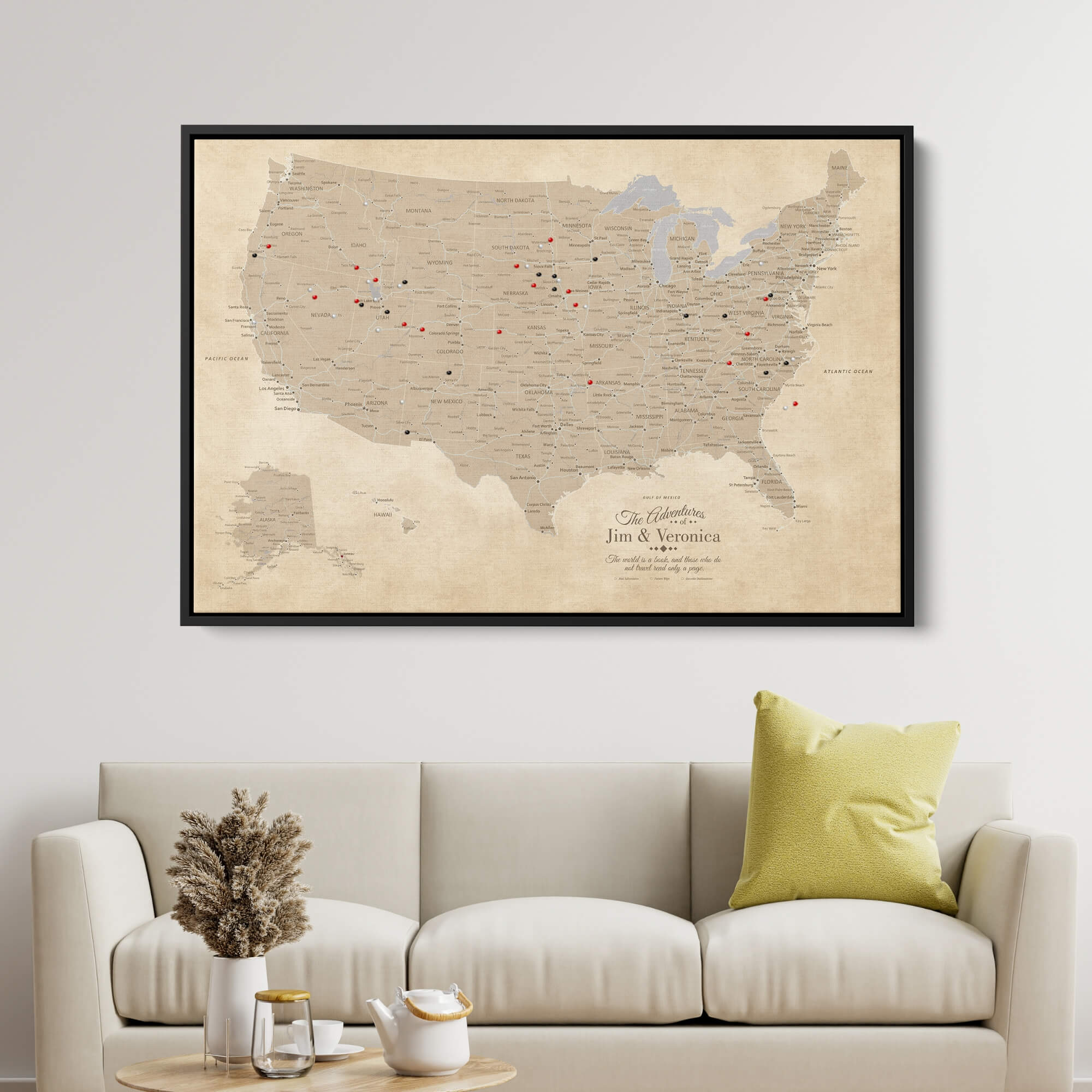 Canvas - Vintage USA Push Pin Travel Map with pins