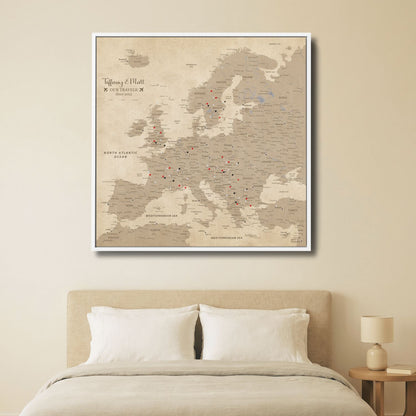 Canvas - Vintage Europe Travel Map with Pins - Square