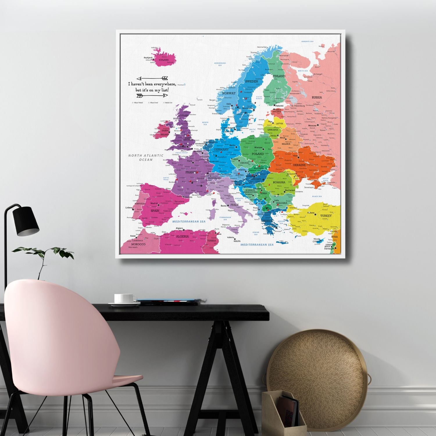 Canvas - Colorful Europe Travel Map with Pins - Square