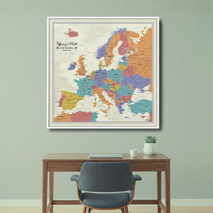 Canvas - Tan Ocean Europe Travel Map with Pins - Square