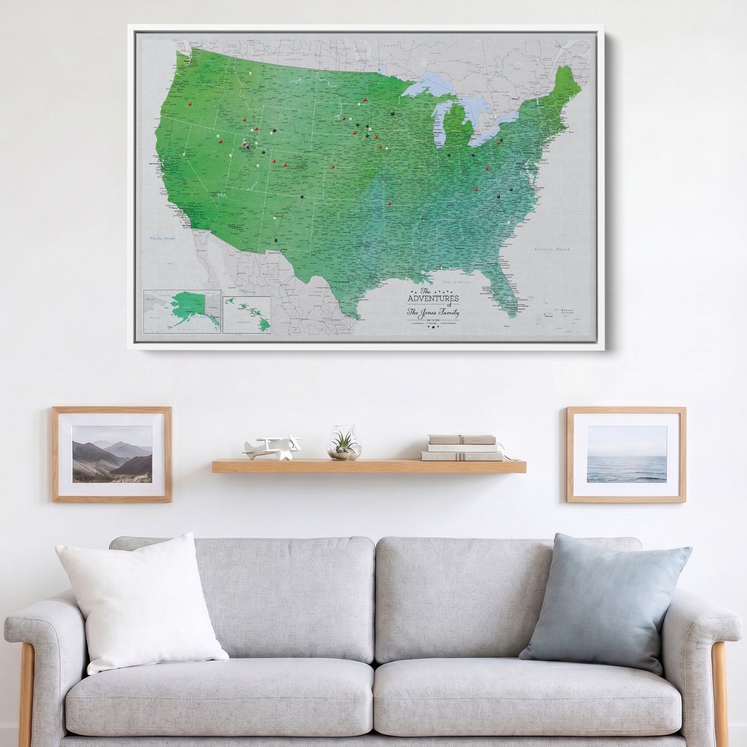 Canvas - Enchanting Emerald Watercolor USA Travel Map with pins