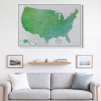 Canvas - Enchanting Emerald Watercolor USA Travel Map with pins