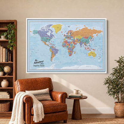 Canvas - Blue Oceans World Travel Map with pins