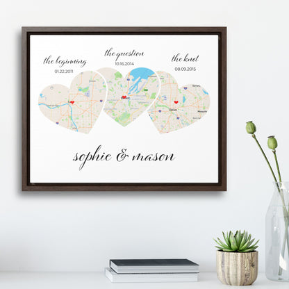 Relationship Map Wall Art | 3 Heart Couple Map | Option 2