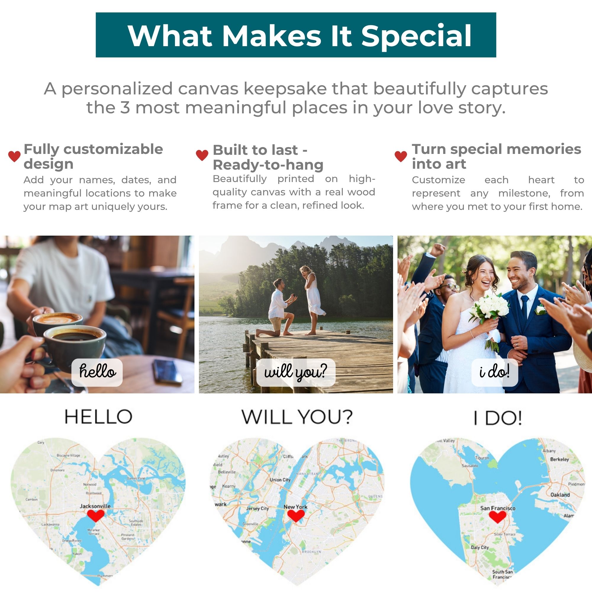 3 Heart Map Art | Where We Met Map | Hello, Will You, I Do | Option 1