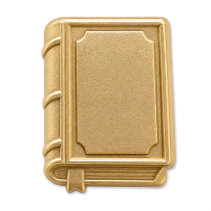 Matte gold 3D metal book lapel pin with embossed spine bands and bookmark ribbon detail