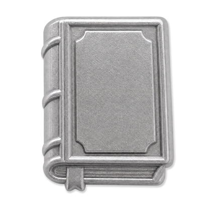 Silver 3D metal book push pin with embossed cover spine bands and bookmark ribbon detail