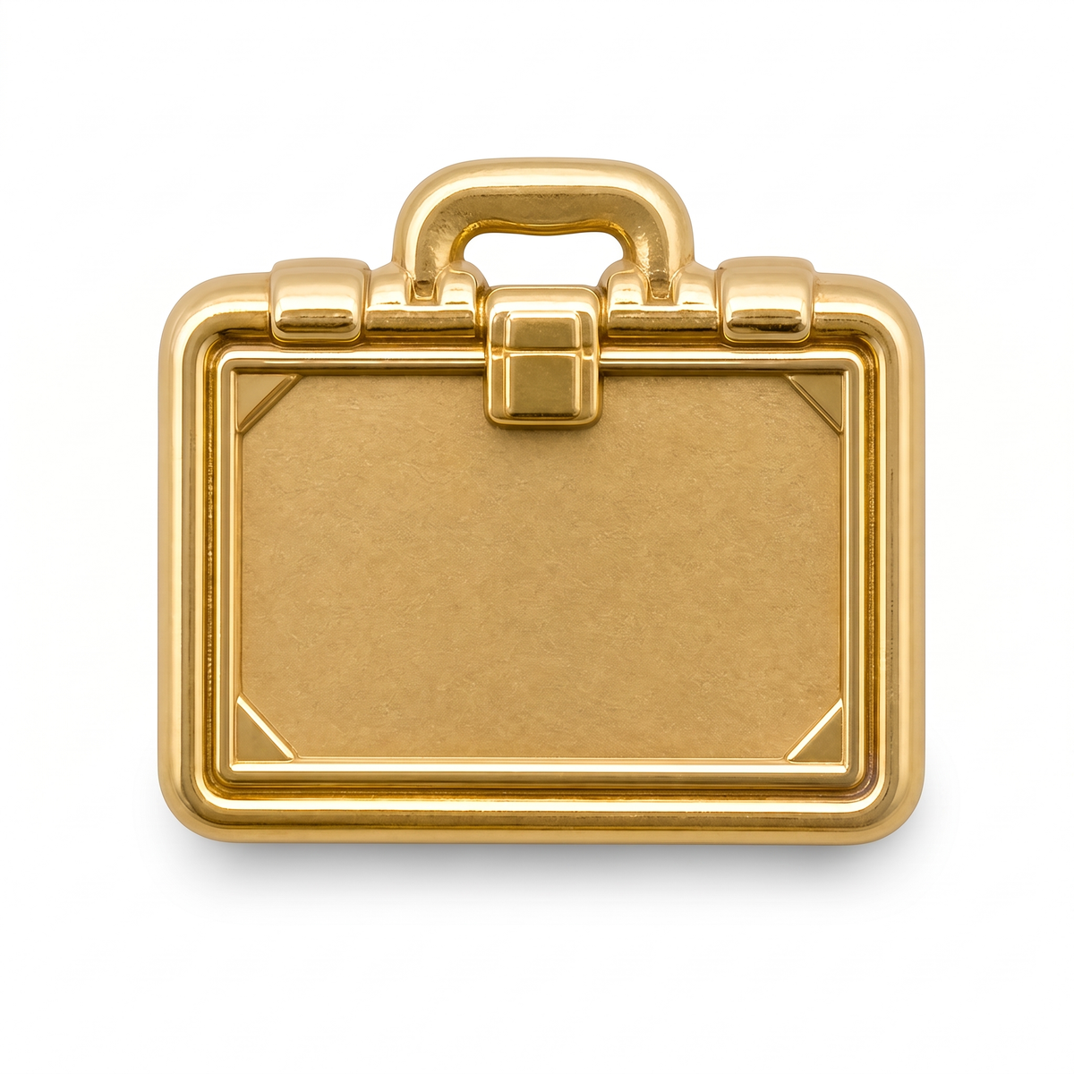 Shiny gold metal briefcase push pin with cut-out handle clasp and corner details front view