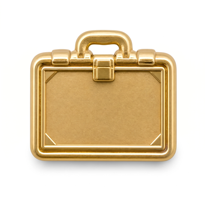 Shiny gold metal briefcase push pin with cut-out handle clasp and corner details front view