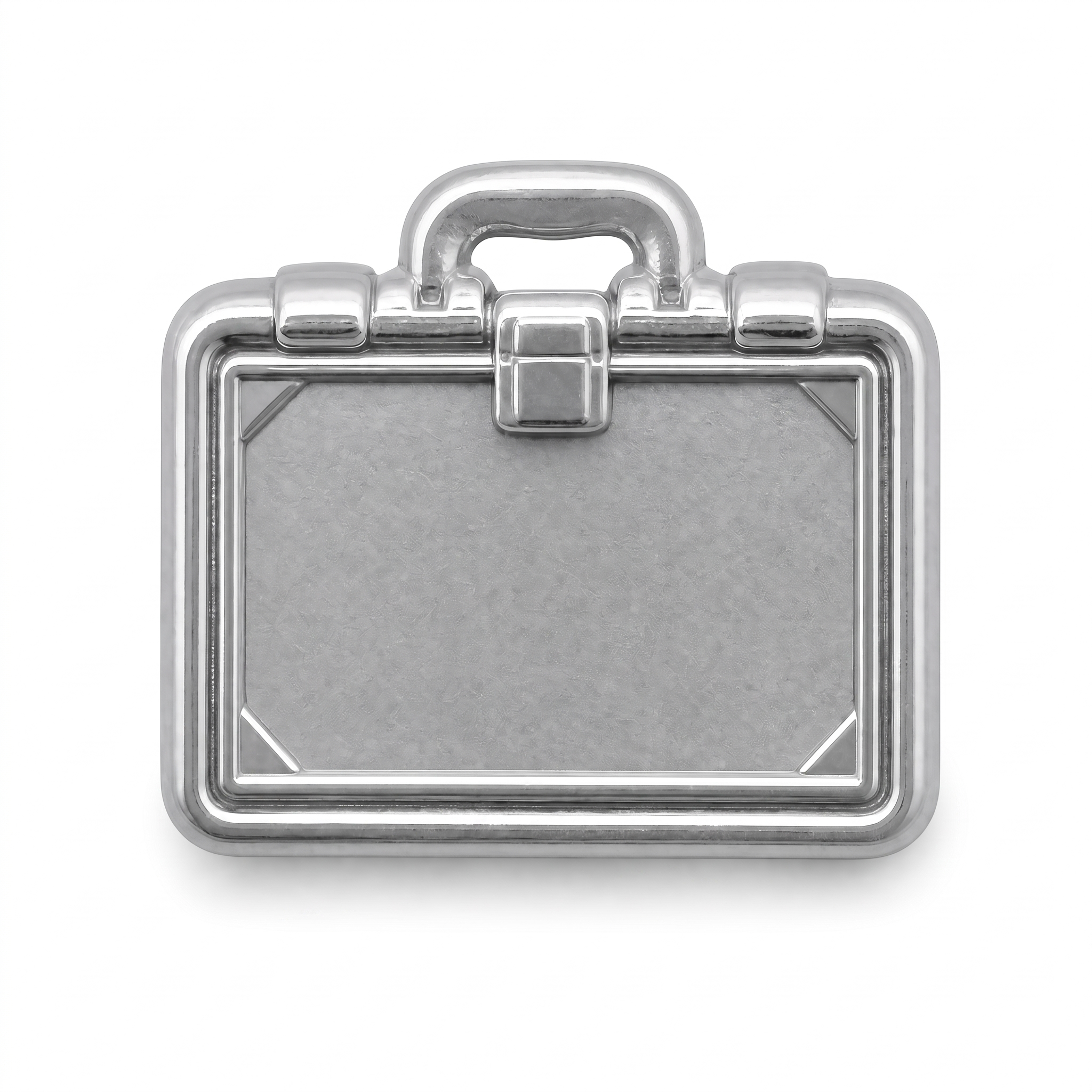 Silver metal briefcase push pin with cut-out handle, clasp detail, and raised border accents