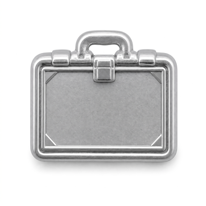 Silver metal briefcase push pin with cut-out handle, clasp detail, and raised border accents