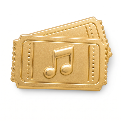 Two shiny gold 3D metal concert ticket push pins with embossed music note and perforated edges