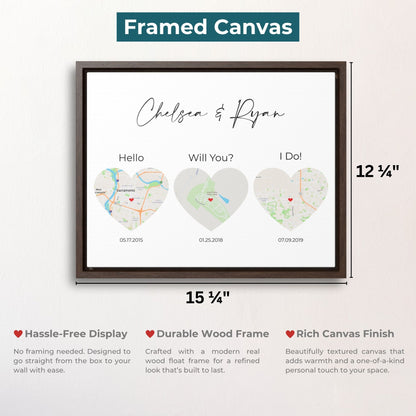 3 Heart Map Art | Where We Met Map | Hello, Will You, I Do | Option 1