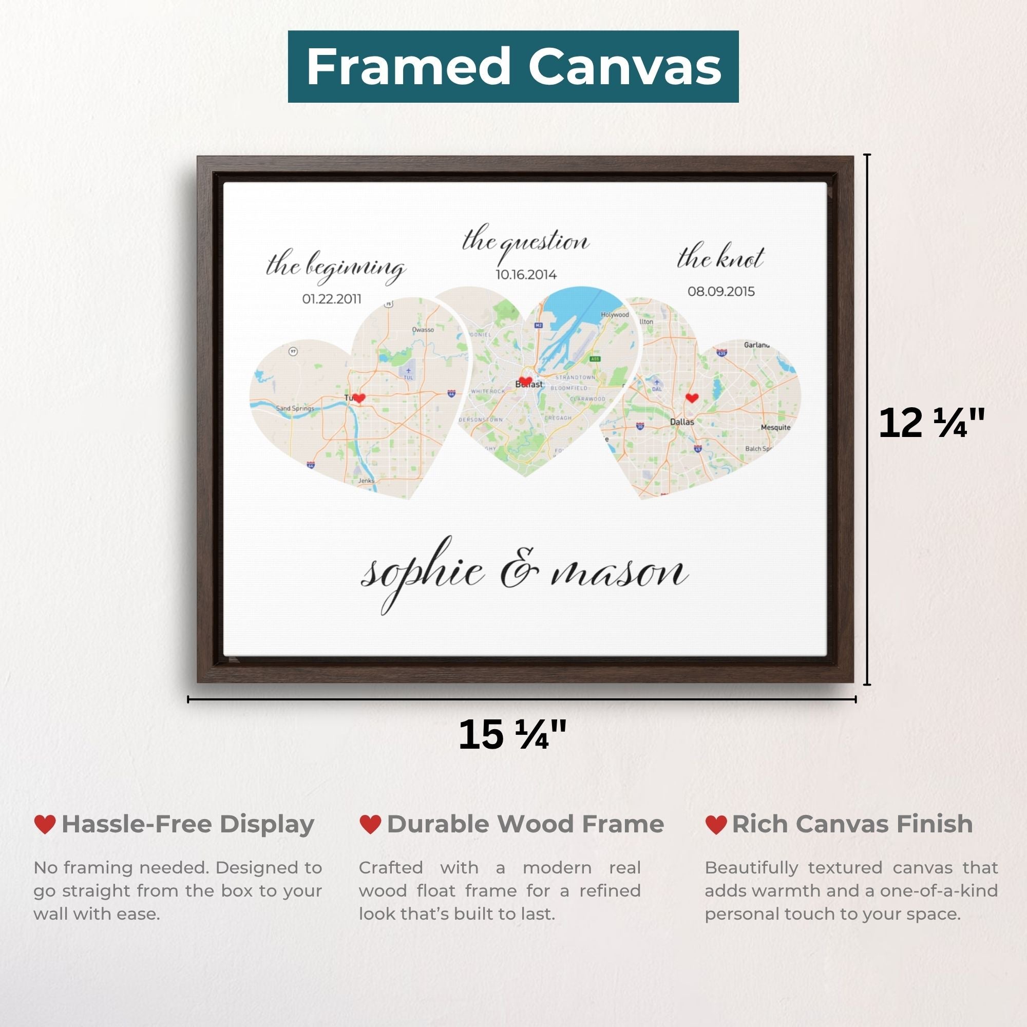 Relationship Map Wall Art | 3 Heart Couple Map | Option 2