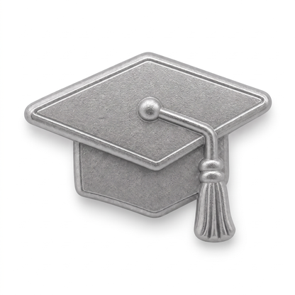 Silver matte metal graduation cap push pin with detailed 3D mortarboard tassel design