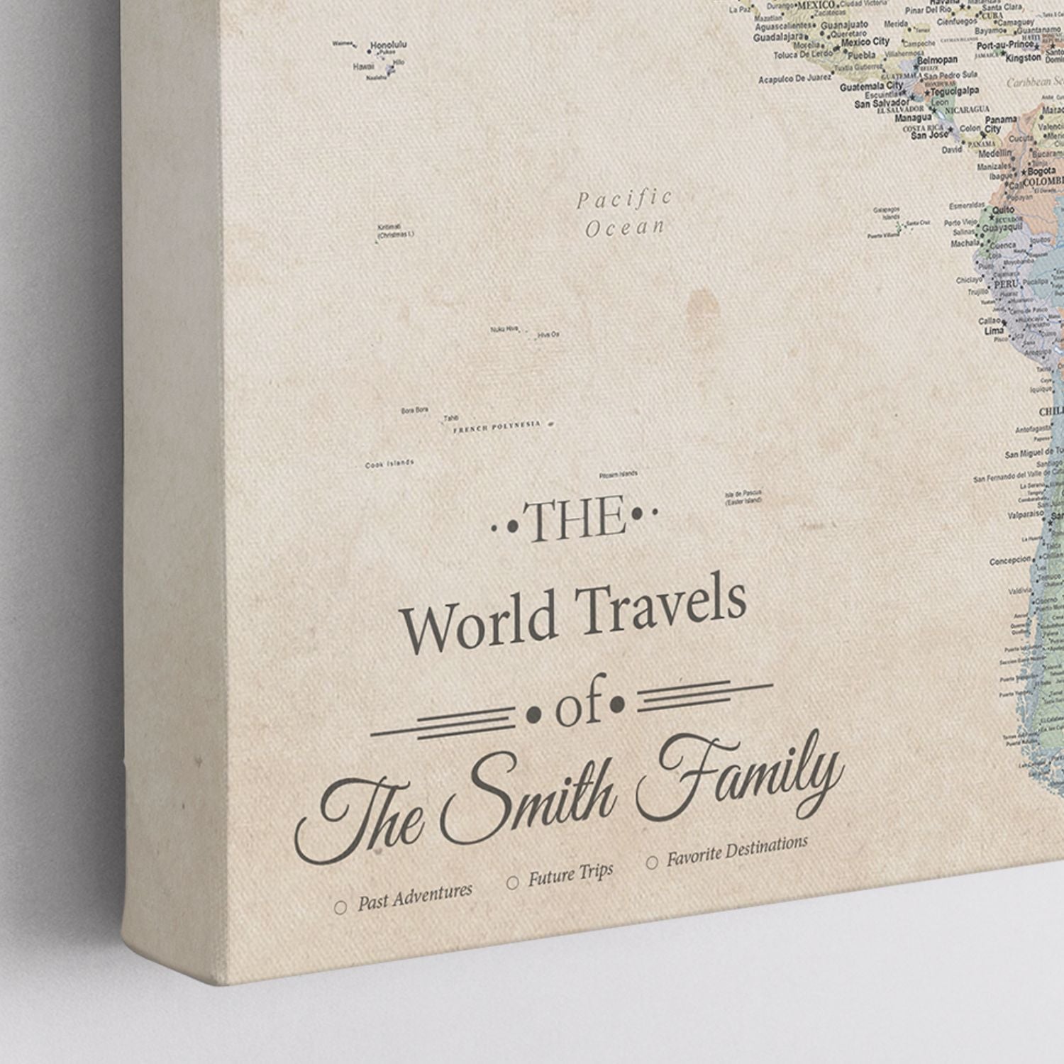 close up of corer of gallery wrap canvas sandy dreams world pin map