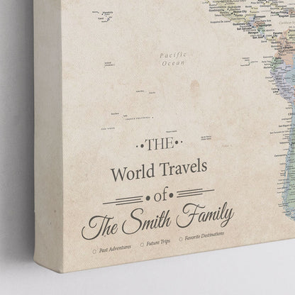 close up of corer of gallery wrap canvas sandy dreams world pin map