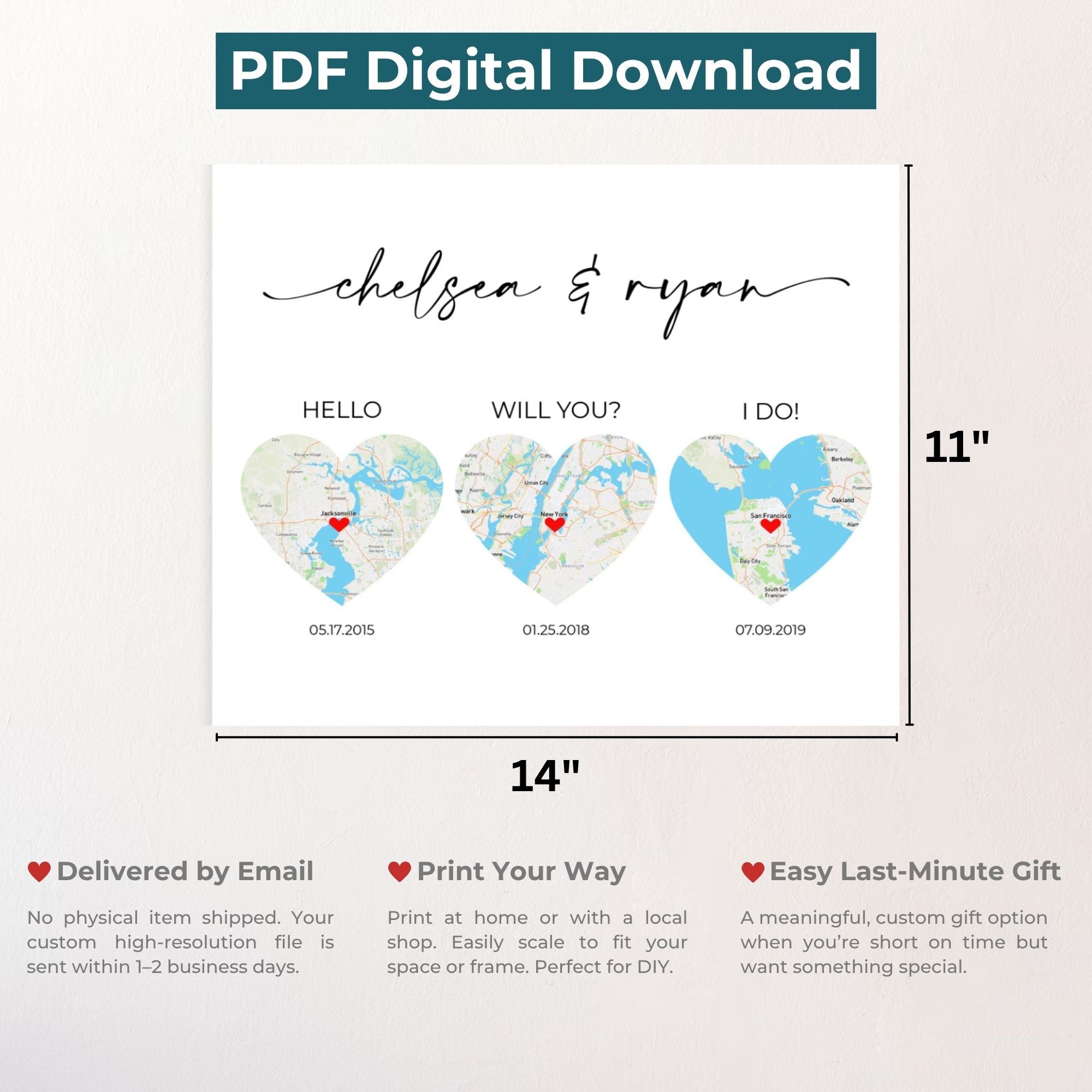 3 Heart Map Art | Where We Met Map | Hello, Will You, I Do | Option 1