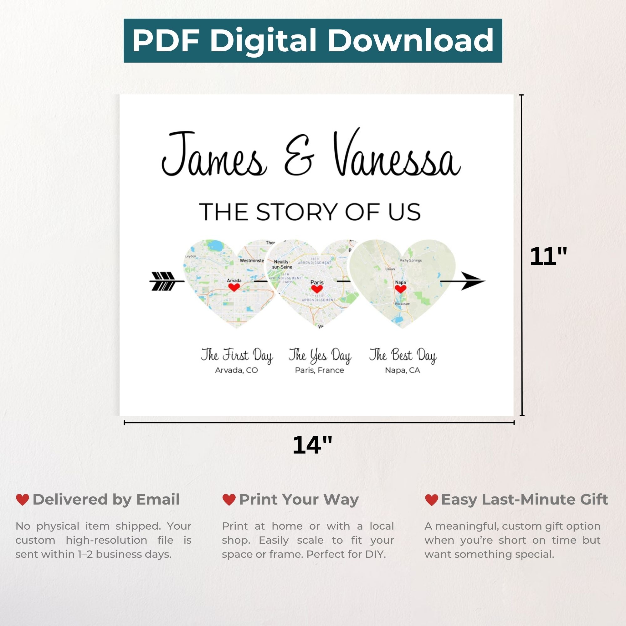 The Story of Us Map | Personalized Relationship Wall Decor | Option 3