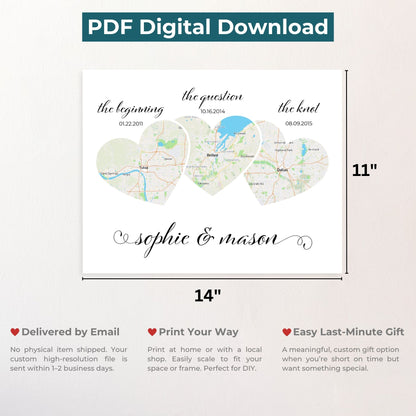 Relationship Map Wall Art | 3 Heart Couple Map | Option 2