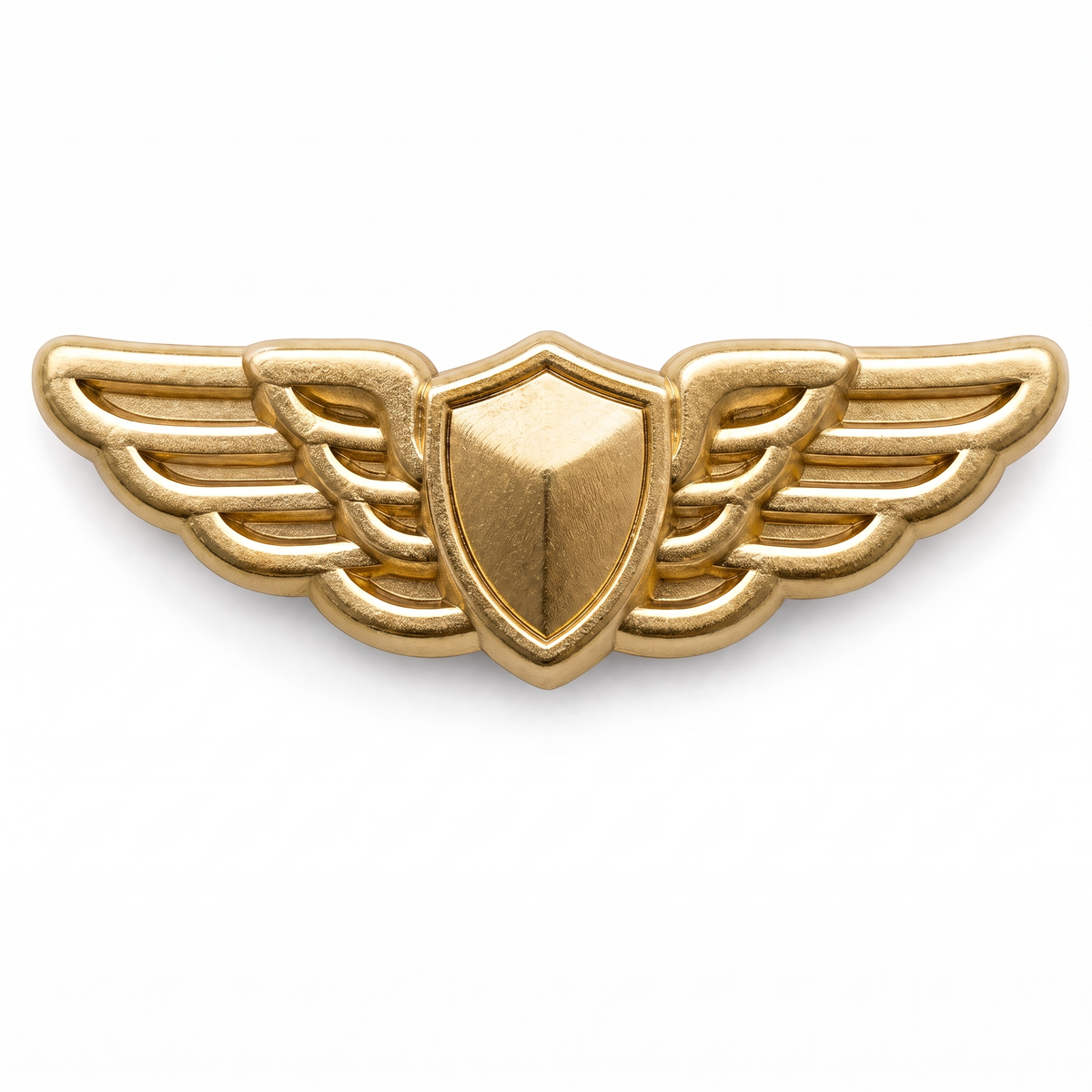 Gold aviator pilot wings push pin with 3D shield center and layered feathered wings