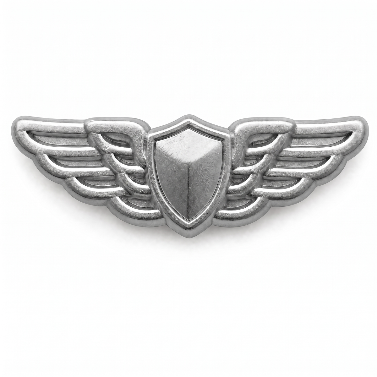 Silver aviator pilot wings push pin with center shield and detailed feathered wings, matte finish, front view