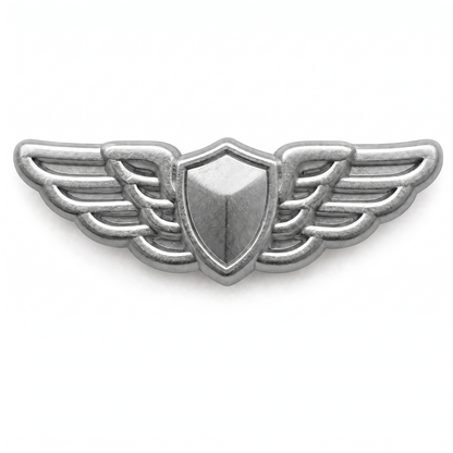 Silver aviator pilot wings push pin with center shield and detailed feathered wings, matte finish, front view