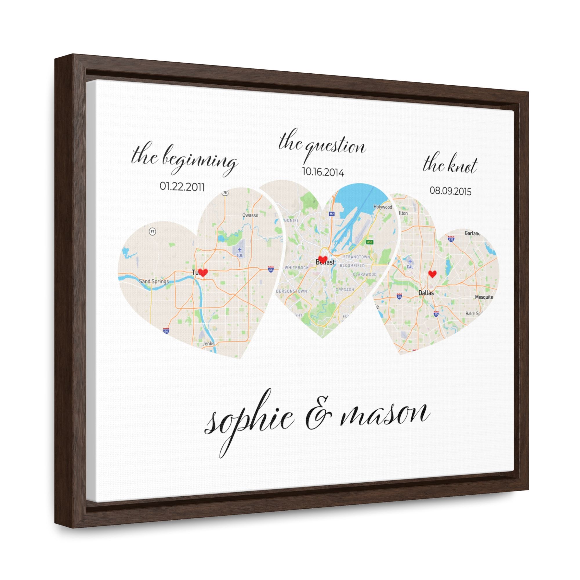 Relationship Map Wall Art | 3 Heart Couple Map | Option 2