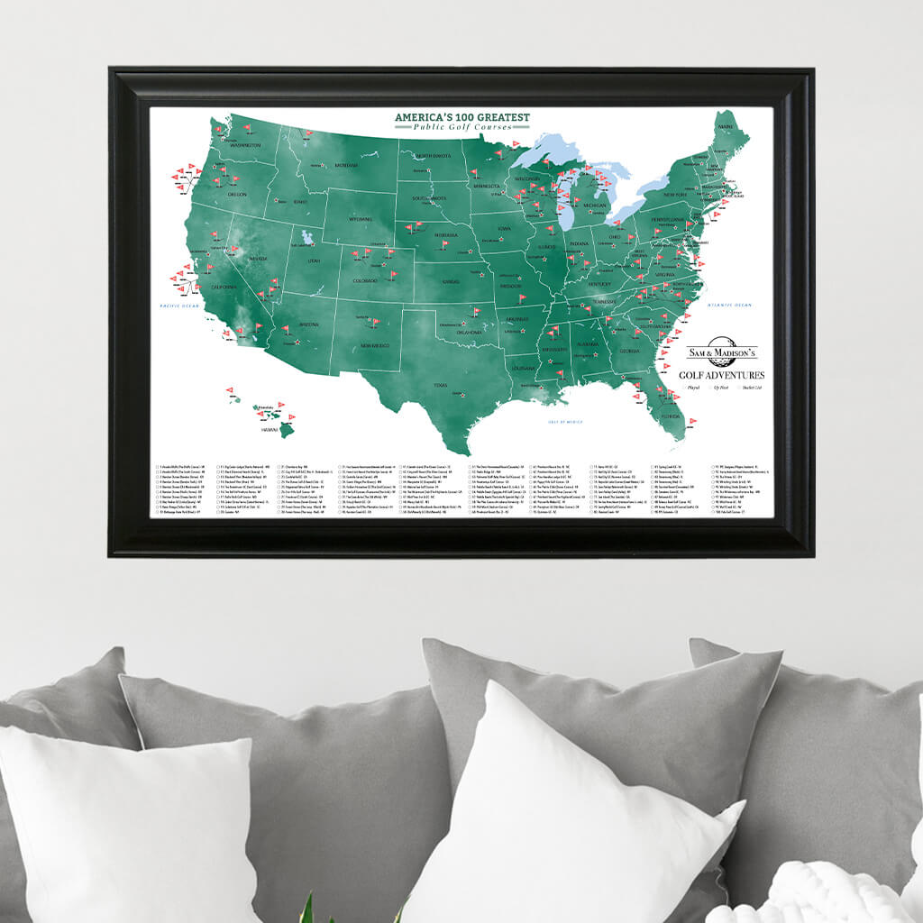 100 Top USA Public Golf Courses Framed Canvas Map in Black Frame