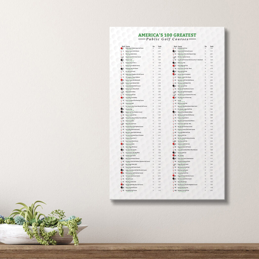 America&#39;s Top 100 Public Golf Courses Bucket List Tracker as a Gallery Wrapped Canvas