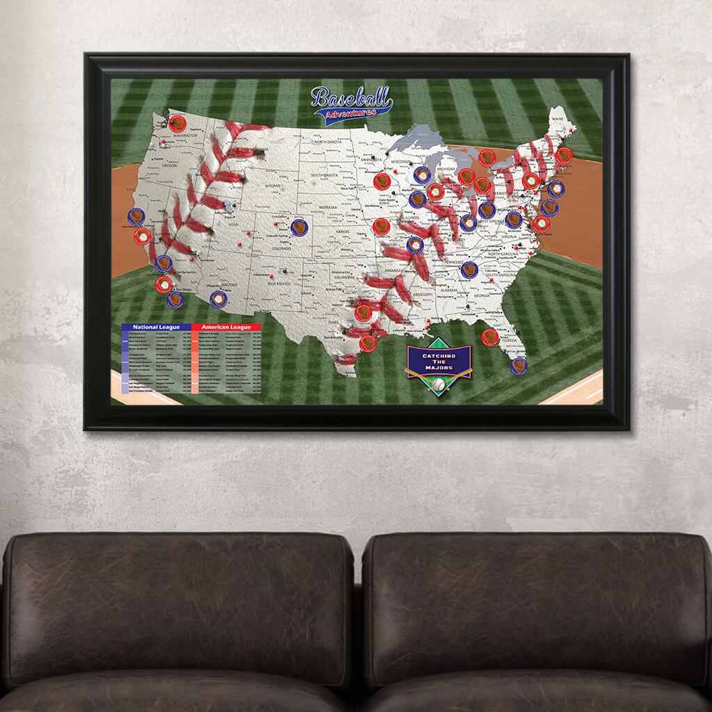 Baseball Adventures Pin Map on Canvas in Black Frame