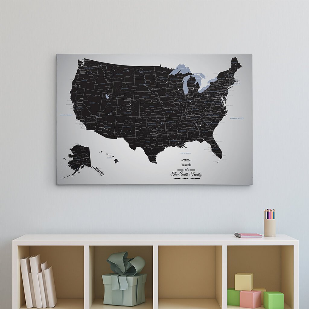 24x36 Gallery Wrapped Black Ice USA Push Pin Travel Map 